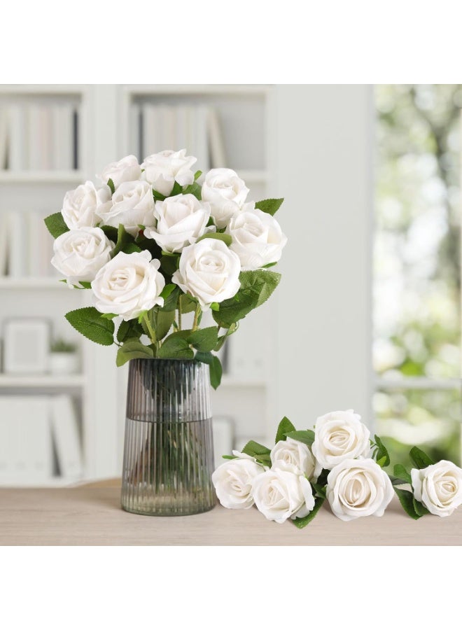 DUNISO 15pcs White Rose Artificial Flowers,Artificial Silk Rose,  Fake Roses Bouquet, Long Stem Roses for Home, Party Decoration, Wedding and Table Centerpiece - Image 5
